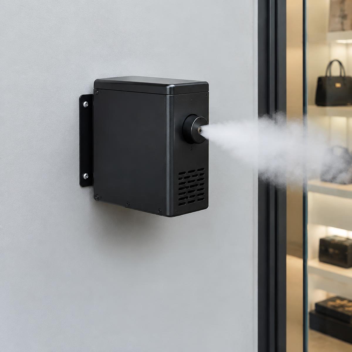 Générateur de brouillard anti-intrusion fixé au mur d'une boutique