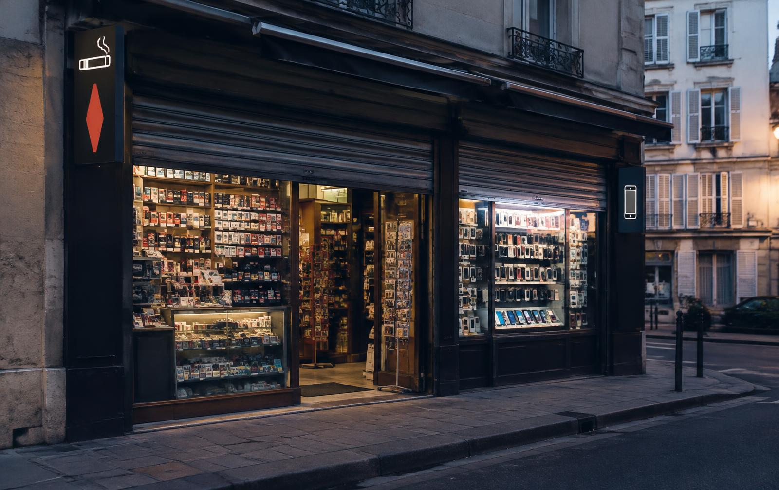 Vitrine d'un commerce de proximité au crépuscule